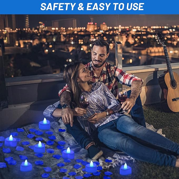 cridoz Blue Rose Petals for Romantic Night for him Set, 2000 Pieces Artificial Rose Petals with 24 Pieces Flameless LED Candles for Decoration Wedding Party Valentine's Day(Blue)