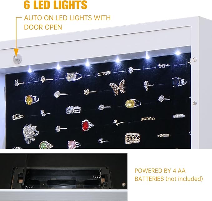 LED Jewelry Cabinet Armoire Organizer,Wall/Door Mount Jewelry Organizer and Storage with Full-Length Mirror Hanging Jewelry Organizer Full Length Mirror with Storage Large Capacity White