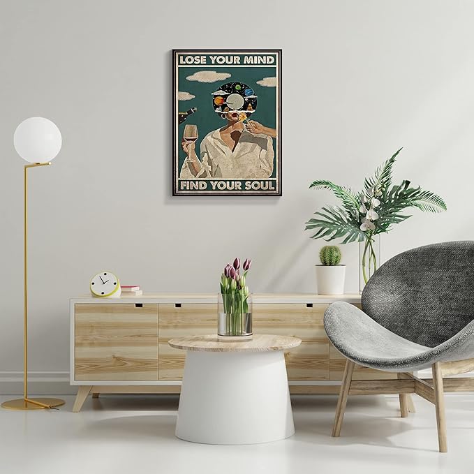 Framed Art Vintage Lose Your Mind Find Your Soul Poster Mental Health Quote Canvas Wall Art Posters Cool Unique Music Girl Print Painting Abstract Wall Decorfor Bed Room Bathroom 12x16in