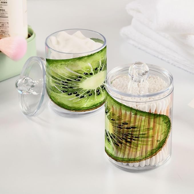 Nander 4Pack Fresh Kiwis Qtip Holder Dispenser -Clear Plastic Apothecary Jars Set - Restroom Bathroom Makeup Organizers Containers for Cotton Swab, Ball, Pads, Floss