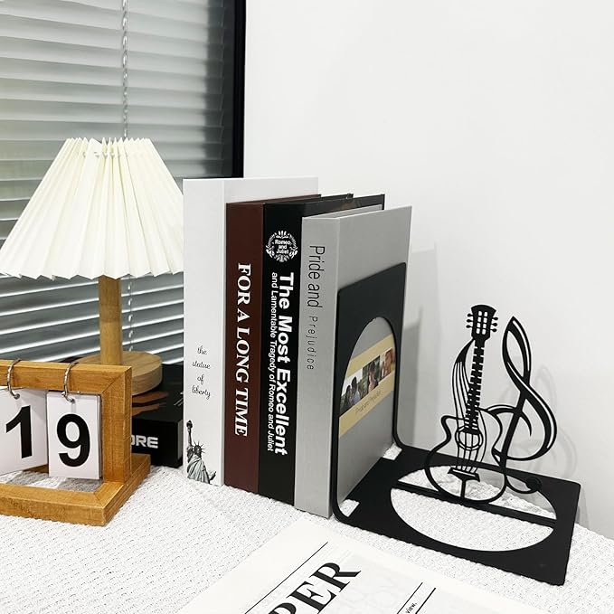 Music Note Metal Bookend, Music Bookends, Metal Musical Themed Book Ends, Guitar Bookends, Book Holders for Shelves, Desktop Organizer, Musical Bookshelf Home Decor
