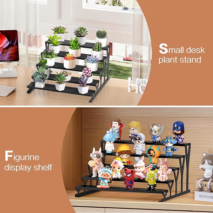 KALYLOC 5 Tier Wooden Display Riser Stand 13.8 Inch Metal Step Perfume Stand Organizer Tabletop Tiered Display Shelf Rack for Cologne Cupcake Spice Figures Cosmetics Candles (Black, Y-Shape)