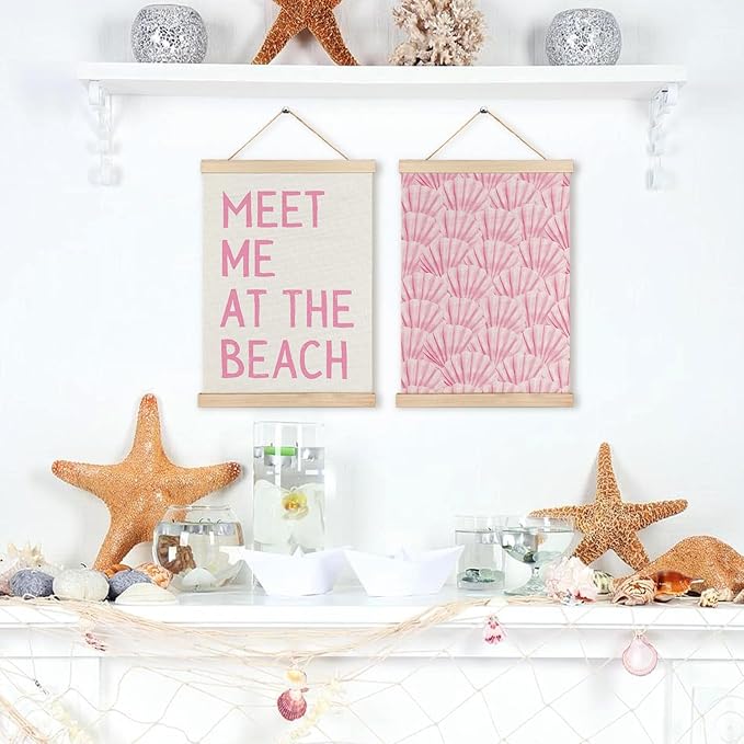 RYYCDOI Pink Cowgirl Beach Room Decor Set of 2, Aesthetic Seashell Wall Decor, Blue Beach Decor for Teen Girls Room, 12x16 Inches