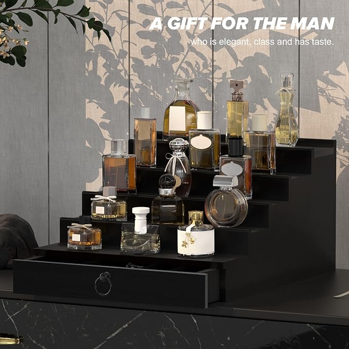 upcessory Cologne Organizer for Men, 5 Tier Black Cologne Shelf, Perfume Stand with Drawer and Hidden Compartment Perfume Display Holder - A Gift for Men