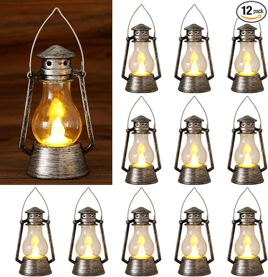 12Pcs LED Mini Vintage Lanterns Decor Indoor Decorative Outdoor Hanging Lantern Decorative Small Candle Lanterns Farmhouse Decor for Wedding Centerpiece,Halloween,Christmas,Farmhouse Decorative
