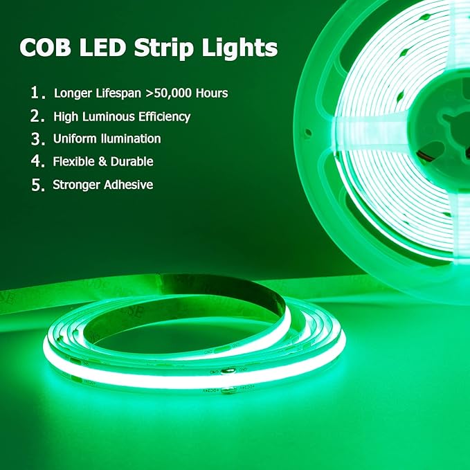 TOPAI 12V COB LED Strip Green 16.4ft Waterproof IP65 Super Bright 2400LEDs Dotless Outdoor LED Tape Lights Flexible Cuttable for Boat, Yacht, Kayak, Home Lighting