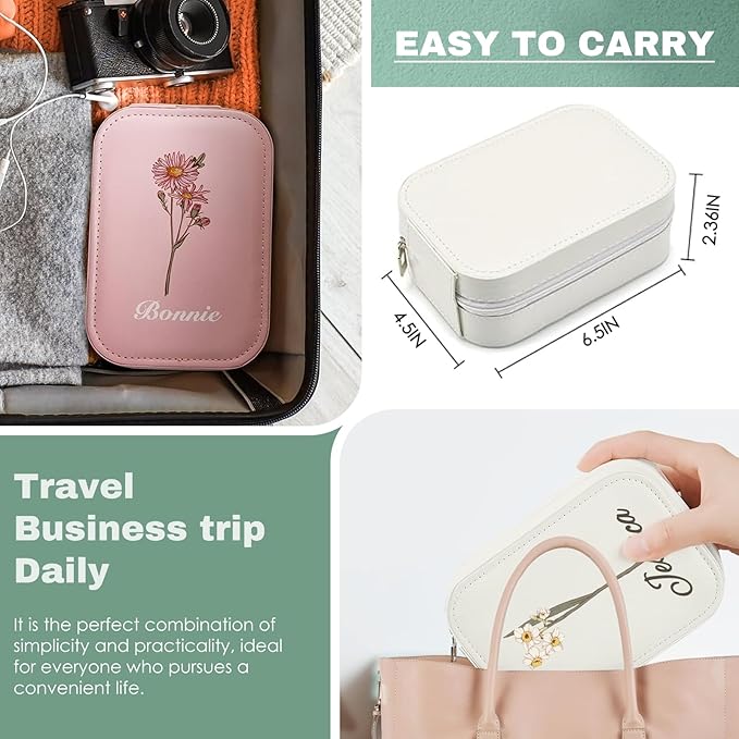 Personalized Travel Jewelry Case with Led Mirror Custom Makeup Mirror with Birth Flower and Name Leather jewelry Organizer Personalized jewelry Box Birthday Christmas Gifts For Women Girls