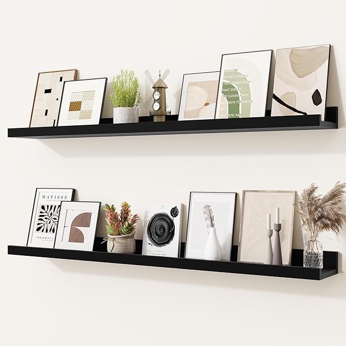 Heimlove Picture Ledge Shelf,36 inch Long Floating Shelves for Wall Set of 2,Black Picture Shelf with Lip for Wall Decor,Living Room,Bedroom,Bookshelf,Nursery,Perfume
