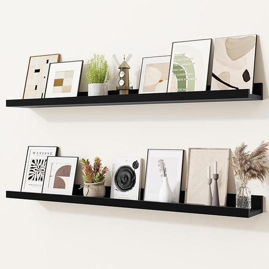 Heimlove Picture Ledge Shelf,36 inch Long Floating Shelves for Wall Set of 2,Black Picture Shelf with Lip for Wall Decor,Living Room,Bedroom,Bookshelf,Nursery,Perfume