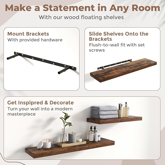 40 Inch Floating Shelves for Wall with Invisible Brackets Set of 2, 9"D Engineered Wood Wall Shelves with Wood Grain for Living Room, Bedroom, Bathroom, Kitchen Decor and Storage, Rustic Brown
