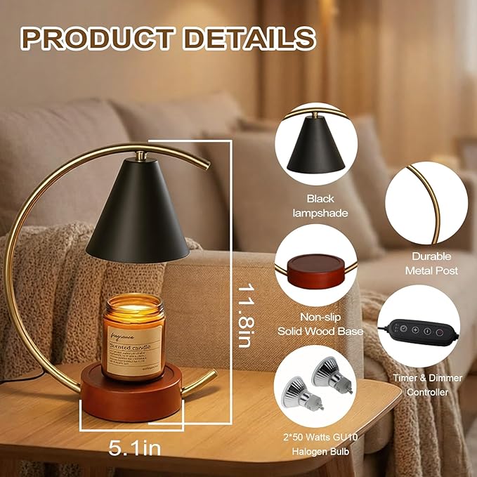 Candle Warmer Lamp with Timer Dimmable, Gifts for Women, House Warming Gifts New Home Decor, Black Candle Warmer, Wax Melt Warmer for Jar Candles with 2 * 50W Bulbs (Moon-Shape Candle Warmer Lamp)