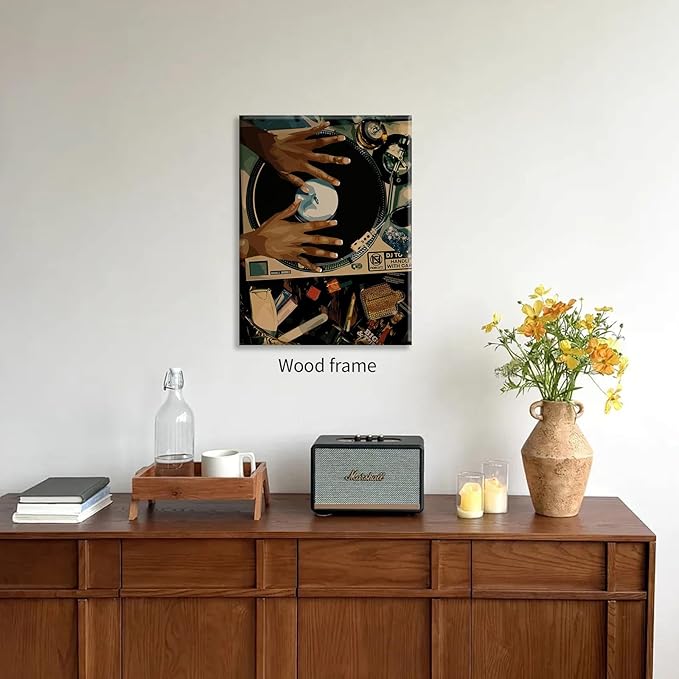 Music Record Canvas Posters Black Woman Abstract Wall Art Vintage Trendy African Girl Prints 12X16 inch Framed for Living Room Bedroom Dorm Wall Decor