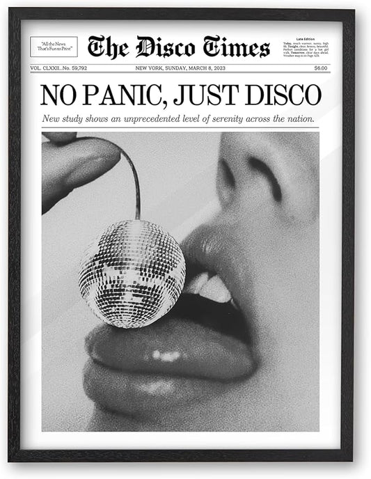 iHery Premium Natural Black OAK Wood 16x20in No Panic Just Disco Trendy Framed Wall Art, Retro Cherry Disco Ball Headline Magazine Canvas Wall Decor For Girly Dorm Bedroom Living Room 1Pack