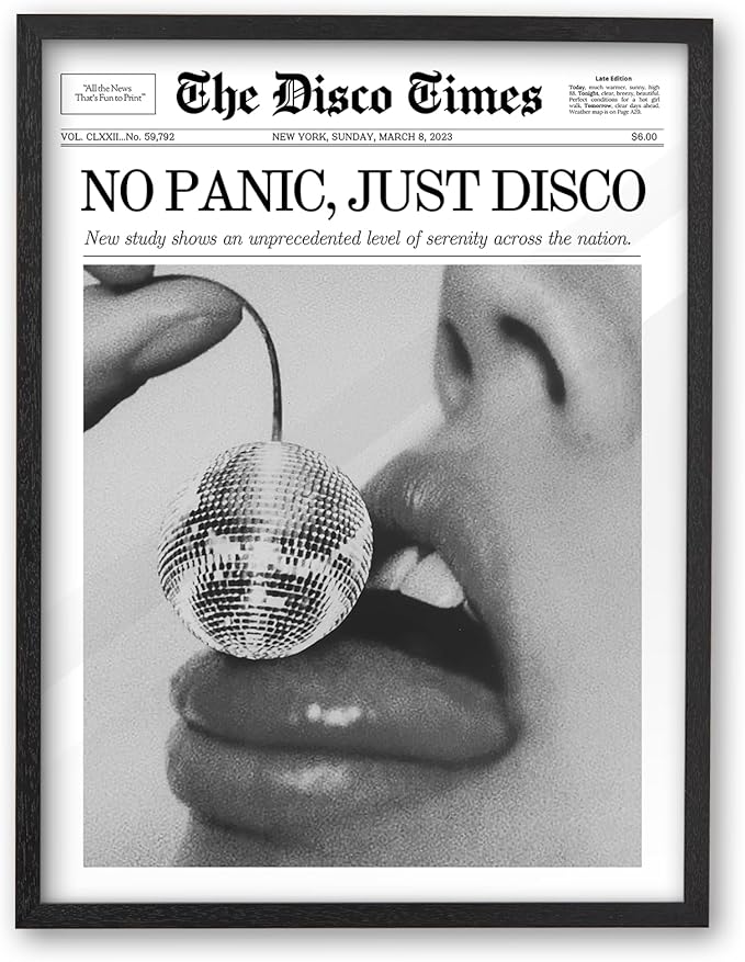 iHery Premium Small Natural Black OAK Wood 8x10in No Panic Just Disco Trendy Framed Wall Art, Retro Cherry Disco Ball Headline Magazine Canvas Wall Decor For Girly Dorm Bedroom Living Room 1Pack