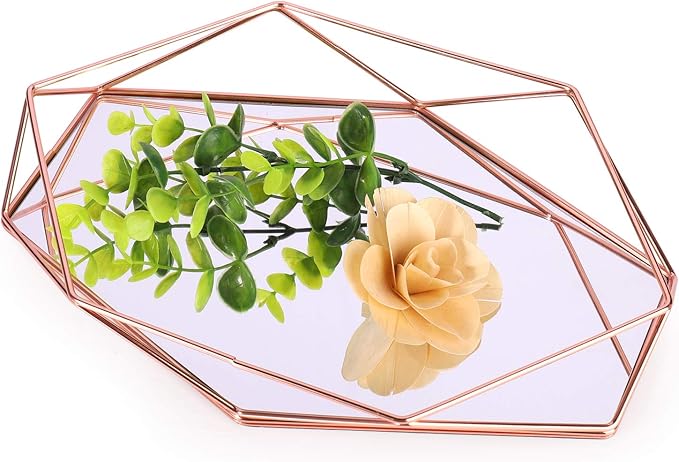 Decorative Tray Mirrored Metal Ornate Vanity Jewelry Cosmetic Table Organizer Storage Geometric Prisma Tray Desk Countertop Decor Gift Nordic Simple Style (Rose Gold)