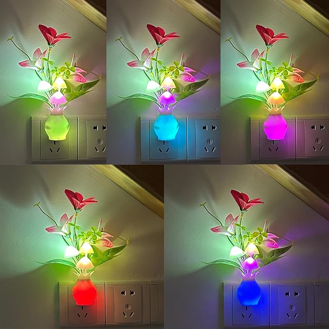 Plug-in Night Light with Auto Light Sensor, RGB LED Mushroom Night Light Wall Based Flower Lamp 1W Energy Efficient Nursery Nightlight for Kids Room, Bedroom, Nursery, Lounge, Hallway and Stairs