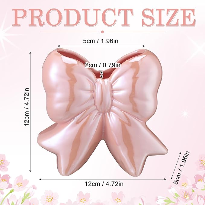 Jingmore Iridescent Pink Bow Vase Coquette Ceramic Vase Pen Holder Makeup Brush Holder Contemporary Design Women Decorative Gift for Wedding Home Office Shelf Table Room(Small, Classic)