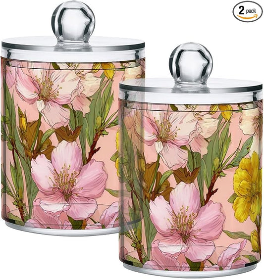 2 Pack Apothecary Jars Elegant Pink Yellow Floral Bathroom Vanity Storage Organizer Set,Small Clear Plastic Storage Jars Bathroom Canister for Cotton Swabs, Rounds, Balls, Qtips,Makeup Sponges,