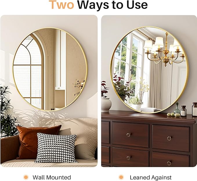 Bathroom Mirror for Wall, 24 Inch Round Mirror, Matte Gold Metal Framed Circle Vanity Mirror for Bathroom Bedroom Living Room Entryway, Anti-Rust, Tempered Glass, Hanging or Leaning