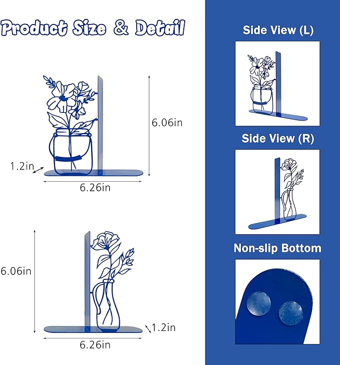 Flower Vase Bookends, Metal Decorative BookEnds for Shelves Cute Book Ends for Office Home Decor, Ideal Gift for Book Lovers (Blue)