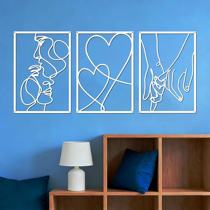 ESTART 3 Pieces Metal Minimalist Line Wall Art, Valentine's Day Lover Kiss Hand Metal Wall Decor, Aesthetic Modern Home Hanging Wall Art Decor for Bedroom Living Room (White)