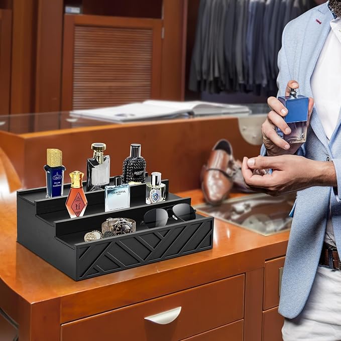 Wooden Cologne Organizer for Men，3 Tier Cologne Stand and Perfume Organizer for Women, Perfume Display Holder Cologne Display Shelf with Hidden Compartment for Watch, Jewelry,Great Gift for Father