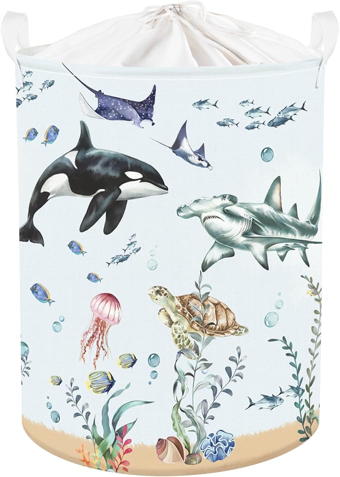 Ocean Animals Baby Laundry Hamper Collapsible Clothes Kids Storage Basket Large Boys Girls Gift Toy Box Bin for Nursery Room, Blue Shark, 63L