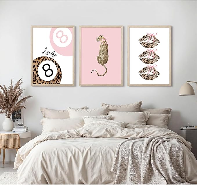 Pink Leopard Wall Art Decor Cheetah Trendy Poster Preppy Aesthetic Canvas Room Decor Pictures Coquette Y2k Wall Art 8 Ball Prints Pink Fashion Bow Artwork for Girls Bedroom 16x24x3 Inch Wood Framed