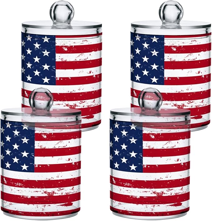 Nander 4Pack Retro American Flag Qtip Holder Dispenser -Clear Plastic Apothecary Jars Set - Restroom Bathroom Makeup Organizers Containers for Cotton Swab, Ball, Pads, Floss