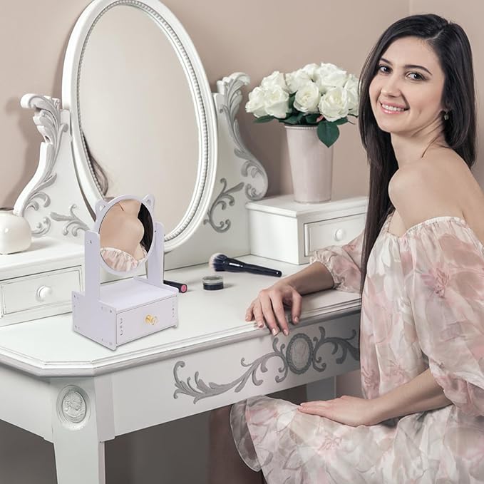 Desktop Cosmetic Mirror with Storage Drawer, Large Round Rotating Makeup Mirror for, Portable Vanity Organizer Box for Home and Bedroom Use