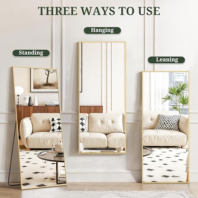 Mirror Full Length 56"x21" Full Body Floor Mirror with Stand, Shatterproof Glass, Aluminum Alloy Frame, Free Standing Wall Mounted or Leaning Rectangle Mirrors for Bedroom Living Room Entryway