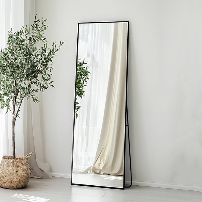 Sunniry Full Length Mirror, Full Body Mirror with Aluminum Metal Frame, Standing Mirrors for Bedroom, Livingroom, Cloakroom, Hallway, Home Décor. (56x16 inch, Black)