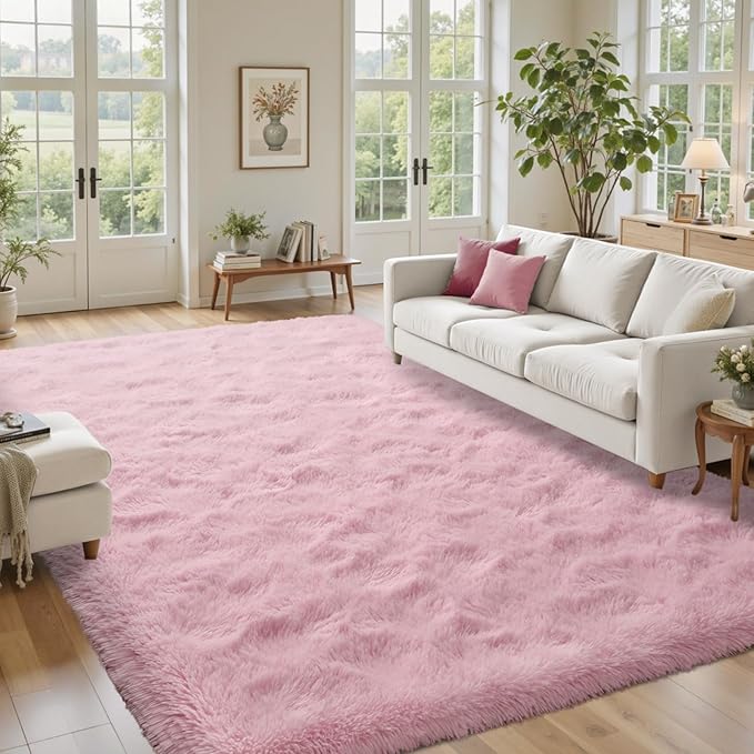 8x10ft Pink Fuzzy Rug for Living Room Soft Fluffy Bedroom Area Rugs Non-Slip Shaggy Carpet for Nursery Kids PlayRoom Dorm Office Indoor Modern Plush Carpet Girls