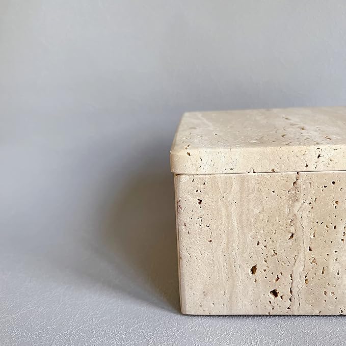 Natural Marble Ring Jewelry Box Cotton Swab Storage Box with Lid Storage Box (Travertine)