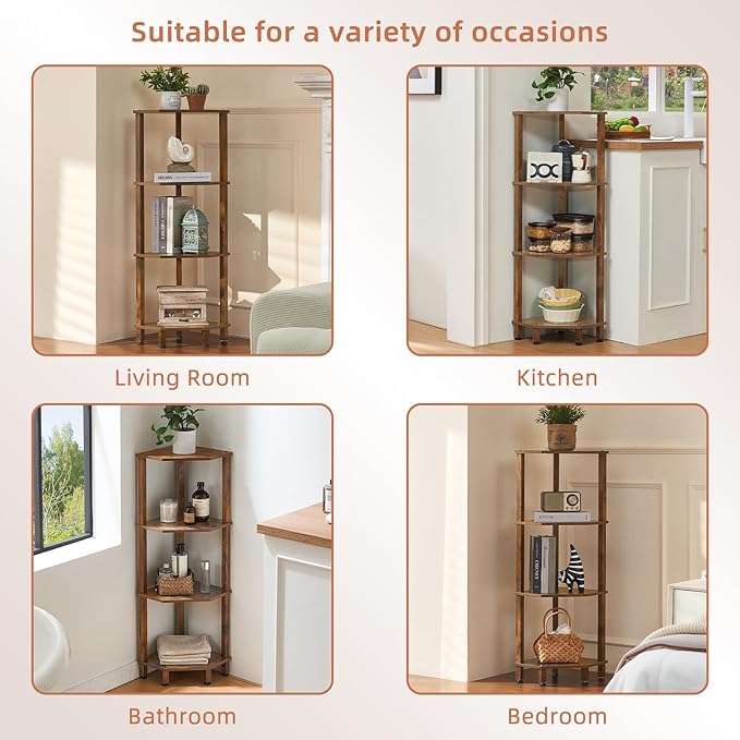 YUFAM 4-Tier Corner Shelf with Sturdy 5-Leg Base, 40in Tall Narrow Bookcase for Small Spaces, Wooden Plant Display Shelf, Thin Bookshelf for Living Room, Bedroom, Office, Brown