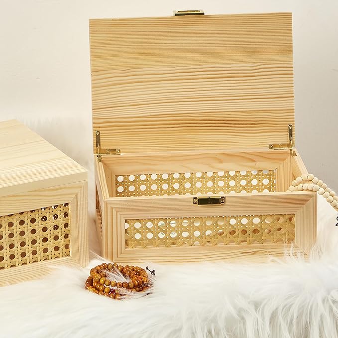 Decorative Rattan Storage Boxes Solid Wood Woven Baskets Bins with Lid Keepsake Memory Jewelry Box Natural Boho Shelf Wicker Closet Desk Organizer Container (Light Wood, Small Size)