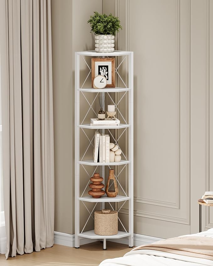 CHOEZON 6-Tier Corner Shelf, Corner Bookcase, 66.9" Tall Vertical Display Rack, Plant Stand, Open Storage Shelf, for Living Room, Bedroom, Study, Kitchen, White TCJ13WB