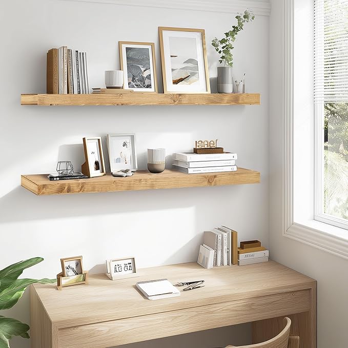48x6.8x2in Floating Shelf – Natural Oak Solid Wood Rustic Mounted Shelf – Heavy Duty Decorative Storage for Living Room, Kitchen, Bathroom, Bedroom