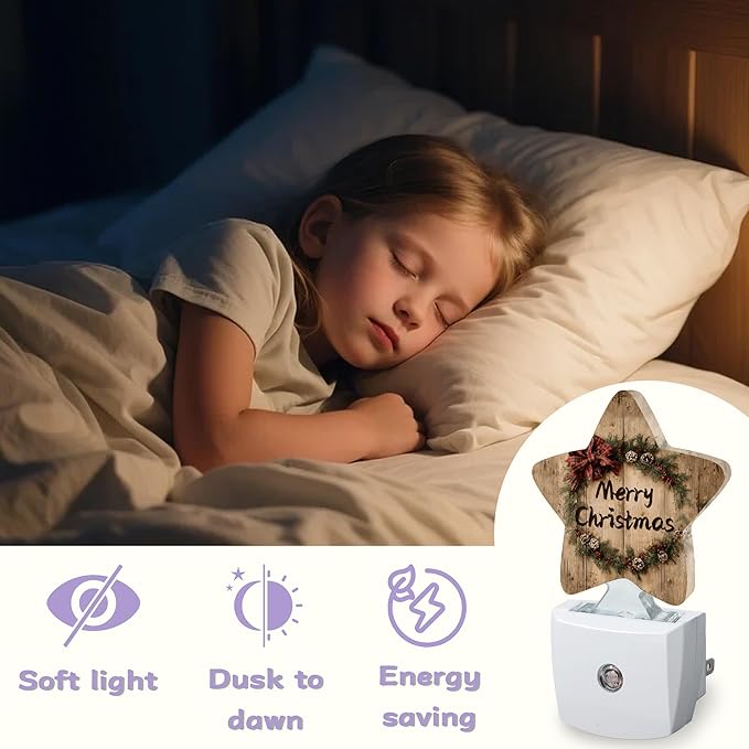 Merry Christmas Nightlights Plug in Wall,Rustic Wooden Decorative Star Lamp with Automatic Lighting for Living Space,Gentle Glow for Kids Room,Hallway,Bathroom