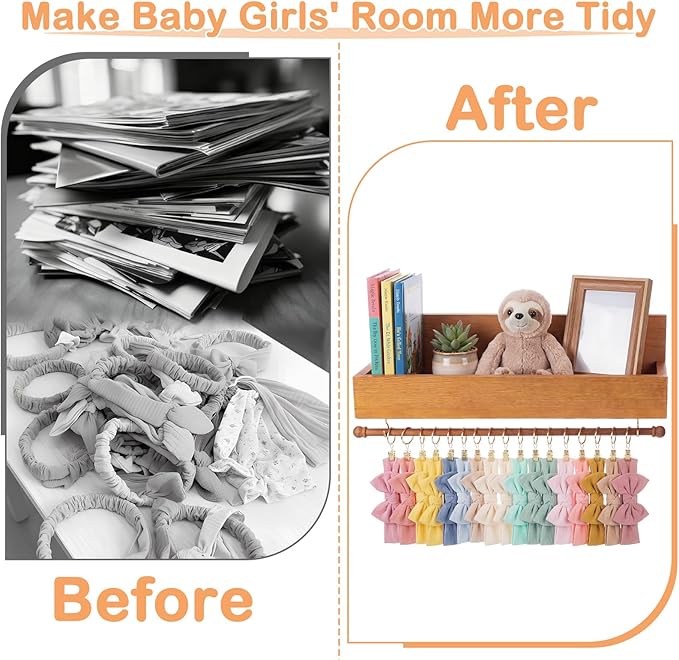 Suzile Wood Floating Shelf with Towel Bar & 20 Hooks, Large Capacity 19x5.5x5.5 Inch Wall Mounted Storage Organizer for Nursery, Kitchen, Bathroom, Living Room, Bedroom