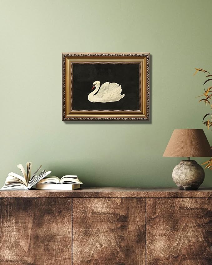 KBKBART Vintage Framed Wall Art for Living Room, White Swan Vintage Painting Canvas Wall Art Prints for Bathroom Wall Decor, Classical Gold Framed Animal Vintage Wall Decor Aesthetic for Bedroom, 9’’x12’’