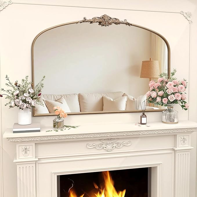 Besdomus Large Arched Vintage Mirror: 48"x33" French Oversize Champagne Gold Antique Wall Mounted Mirror - Baroque Traditional Ornate for Fireplace/Bathroom/Living Room - Home Decor for Housewife