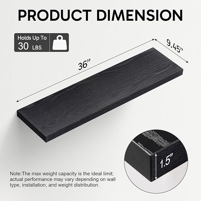 BAYKA Floating Shelves for Wall, Set of 3, 36 Inches Long Wall Mounted Rustic Wood Shelves for Bathroom, Bedroom, Living Room or Kitchen, for Book/Storage/Decor with 30lbs Capacity - Black
