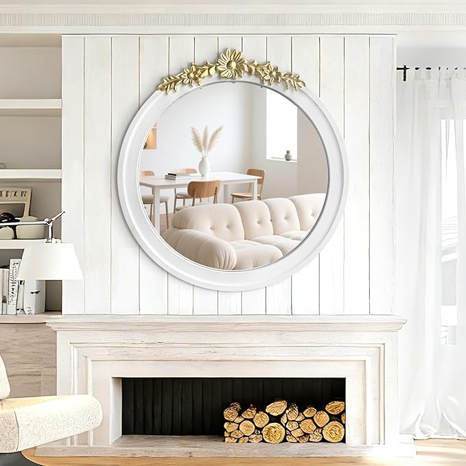 White Round Wood Mirror 28 Inch, Large Rustic Boho Coastal Wall Decor with White Wood Frame and Gold Metal Carved Accents, Farmhouse Decorative Mirror for Entryway, Bedroom, Living Room, Bathroom