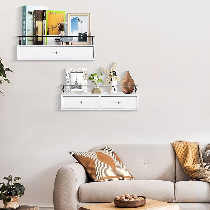 DreamPossible Floating Shelves for Wall Storage - Wall Mounted Bathroom Shelf Set of 2 with Drawers, Rustic Wood Shelves for Bedroom, Living Room, Kitchen, Home Decor, Plants, Books