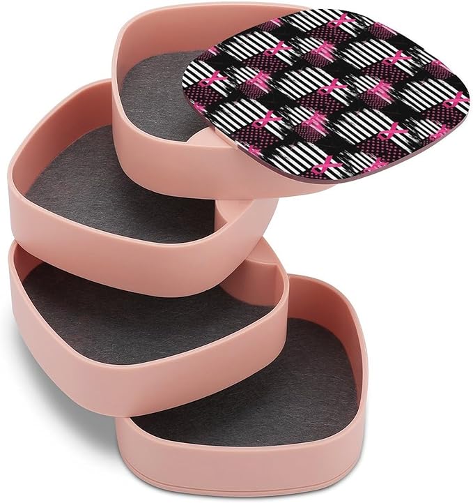 4-Layer Rotatable Jewelry Storage Tray with Mirror Breast Cancer Awareness Ribbon Pink American Flag Jewelry Organizer Earring Holder for Women