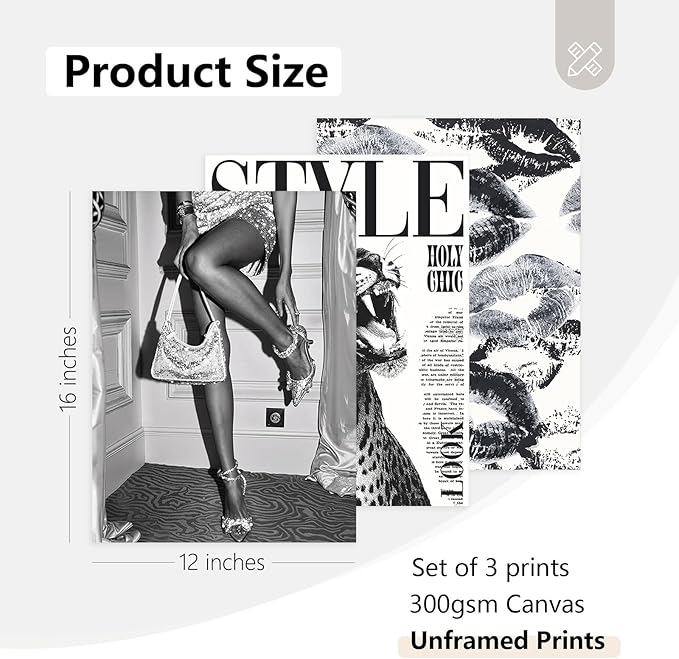 Trendy Leopard Wall Art Black and White Cheetah Canvas Wall Decor Fashion Preppy Room Poster Vintage Y2k Aesthetic Prints Funky Heels Lips Pictures Artwork for Girl Bedroom 12x16x3 Inch Unframed