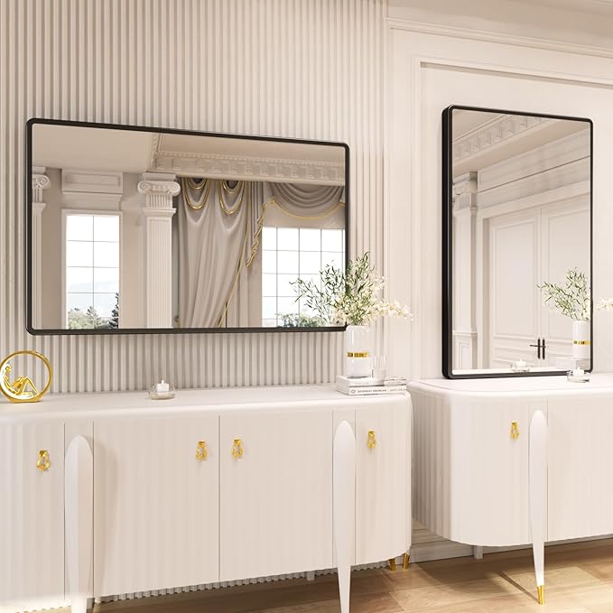 pertetey New Upgrade Bathroom Mirror, 28X36 Inch Black Metal Frame Wall Mounted Rounded Rectangle Bathroom Vanity Mirror with Tempered Glass for Washroom Bedroom Living Room