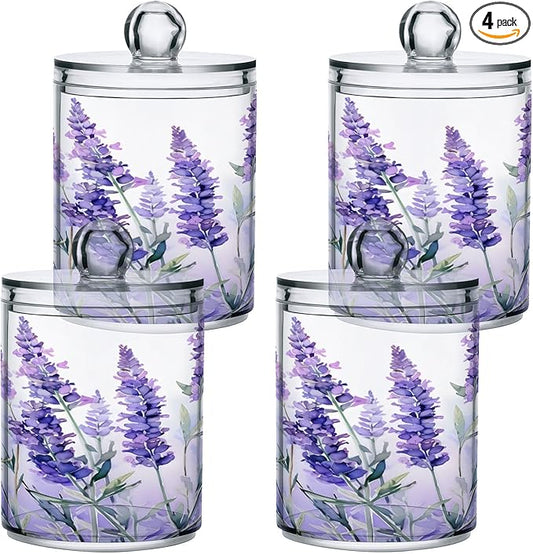 4 Pack Qtip Holder Dispenser Purple Lavender Floral A Cotton Ball Swab Round Pads Floss Clear Bathroom Storage Containers Plastic Apothecary Jars with Lids