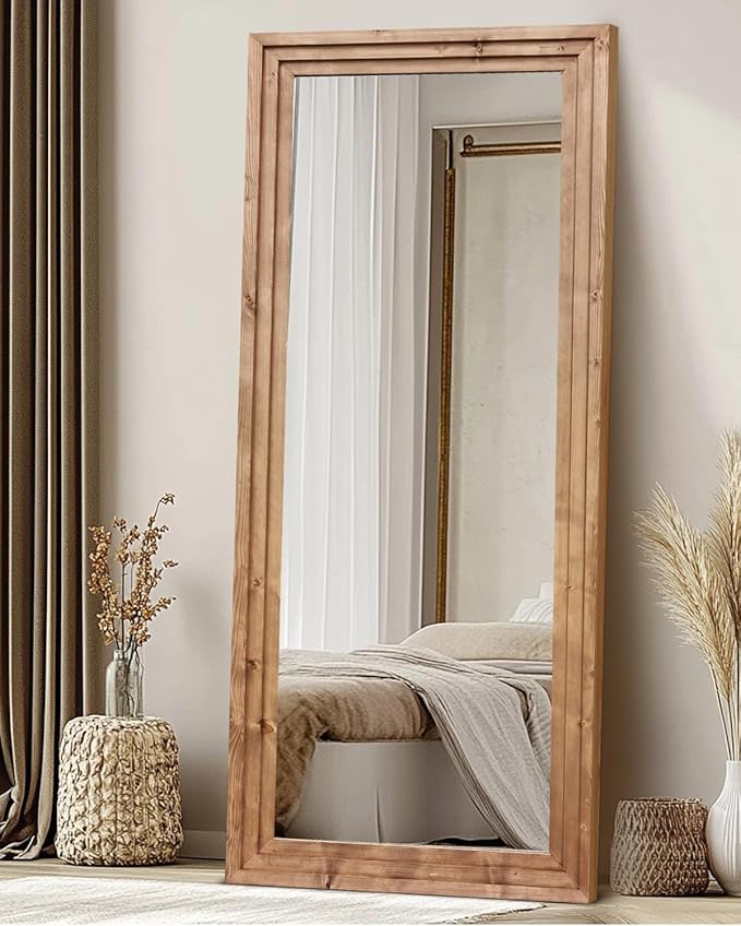 Full Length Mirror 71"x30" Solid Wood Frame Floor Large Mirror for Living Room, Bedroom Hanging or Leaning Wall-Mounted, Light Brown
